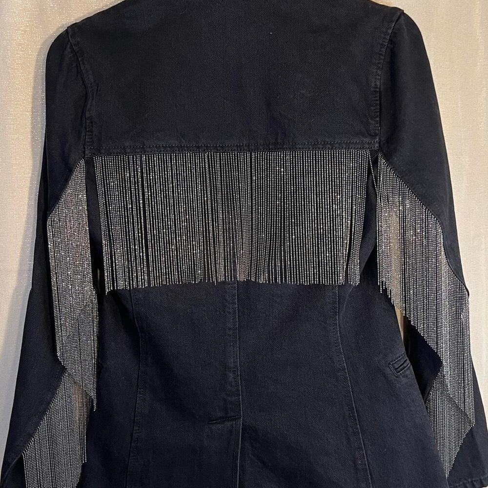 BLUE REVIVAL Black Denim Beaded Metal Fringe Designer Blazer Jacket size XS